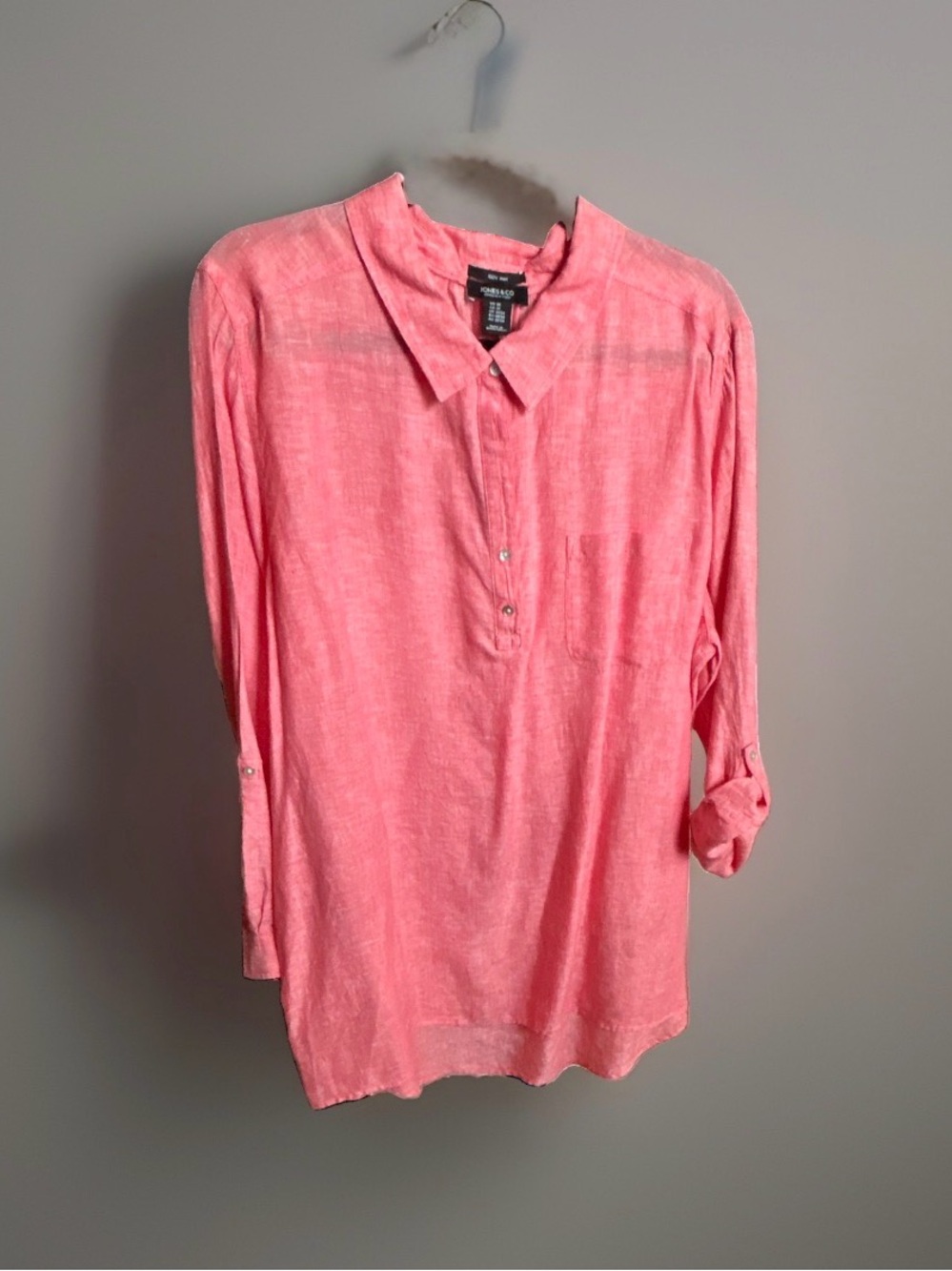 Jones & Co Women’s Plus 2X Pink Solid Woven Linen Collared Long Sleeve Tunic